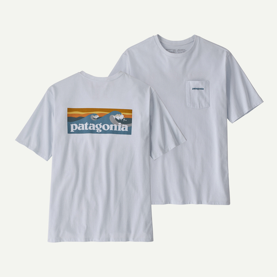 M's Boardshort Logo Pocket Responsibili-Tee, recycled materials, Patagonia graphic, Fair Trade Certified, white.
