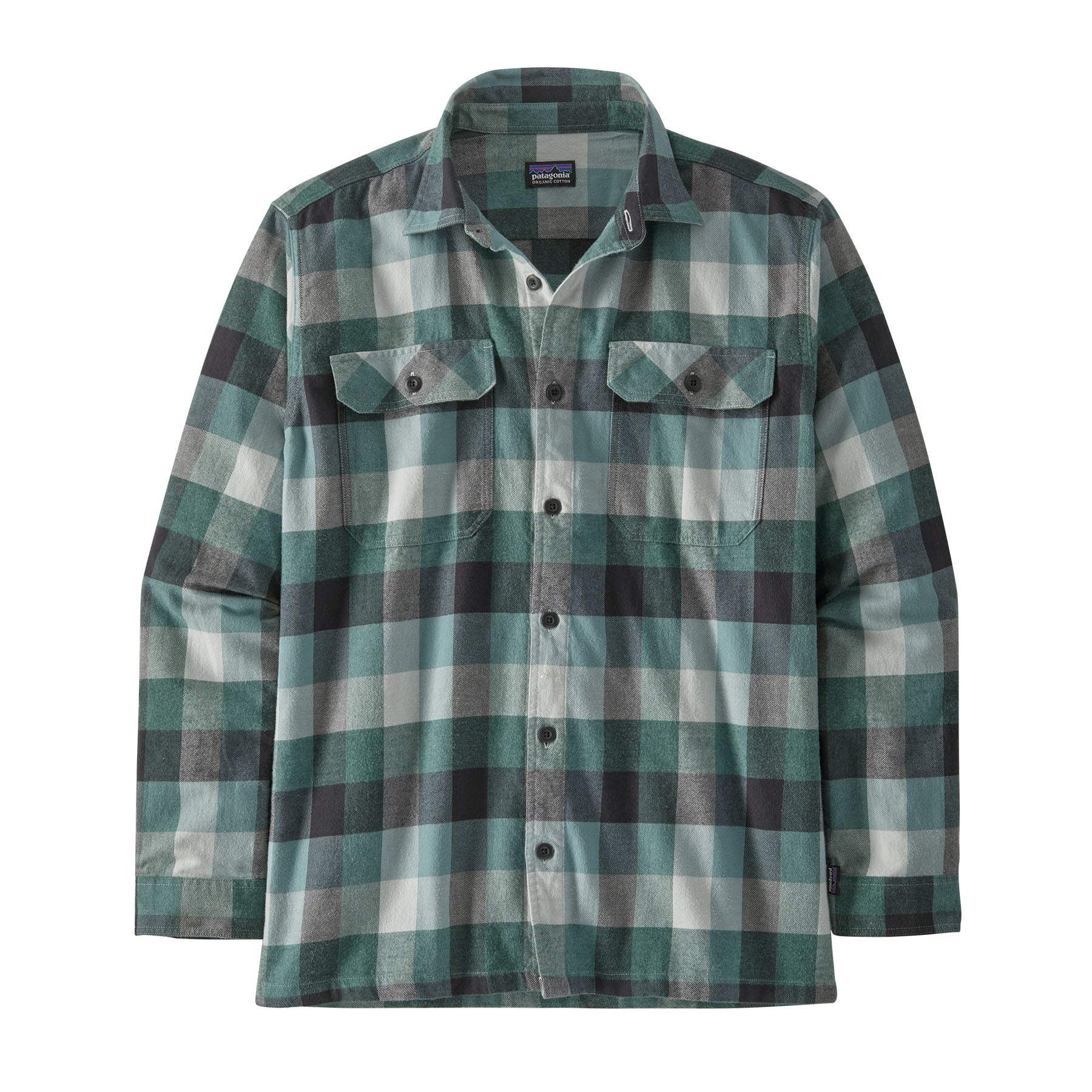 LS Organic Cotton: camicia a quadri a maniche lunghe in flanella verde e bianca di cotone organico.