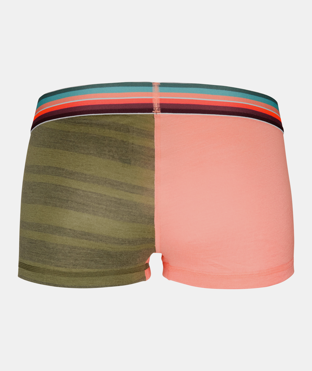 Colorful women's wool hot pants made from fine merino wool, featuring a trendy dual-color design with a striped waistband for winter adventures.