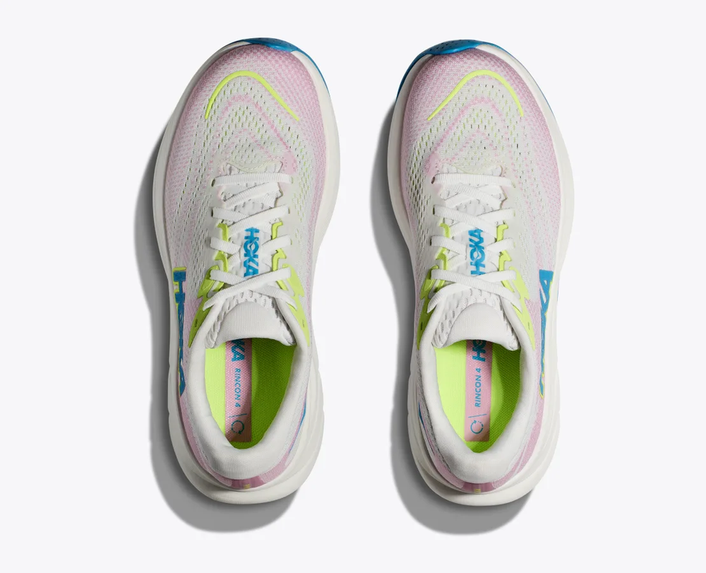 Lightweight Rincon 4 sneakers with pink and yellow accents, featuring breathable jacquard mesh and cushioned soles.
