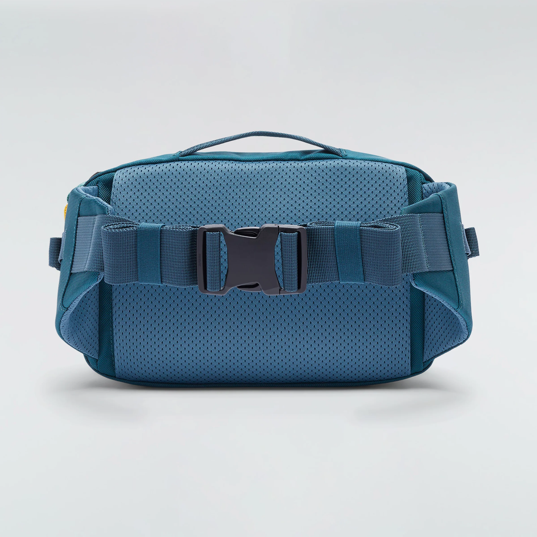 Allpa X 3L Hip Pack in blue with adjustable straps and zipper compartment, made from recycled nylon.