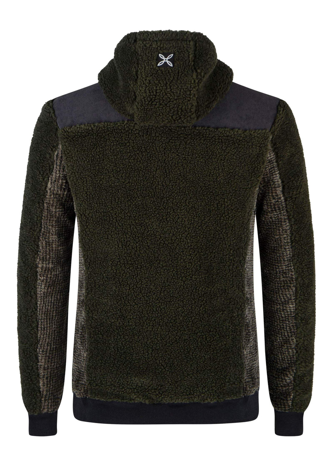 Men's Nomad 2 Maglia Hoodie in green with black accents, featuring breathable recycled fabric and Polartec® High Loft® insulation, rear view.