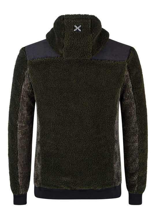 Men's Nomad 2 Maglia Hoodie in green with black accents, featuring breathable recycled fabric and Polartec® High Loft® insulation, rear view.