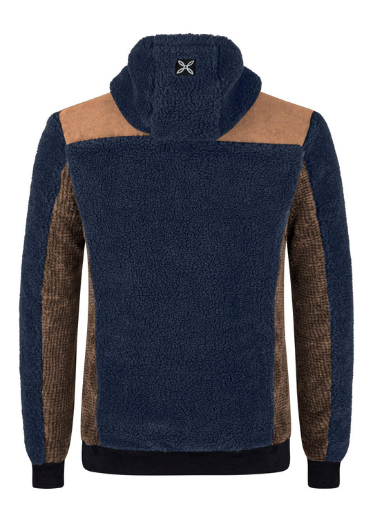 Men's Nomad 2 Maglia hoodie, breathable recycled fabric, blue and brown color, back view.
