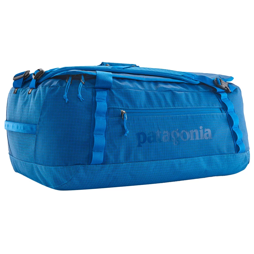 Blue Black Hole Duffel 55L bag, durable and water-repellent, with zip access and removable straps.