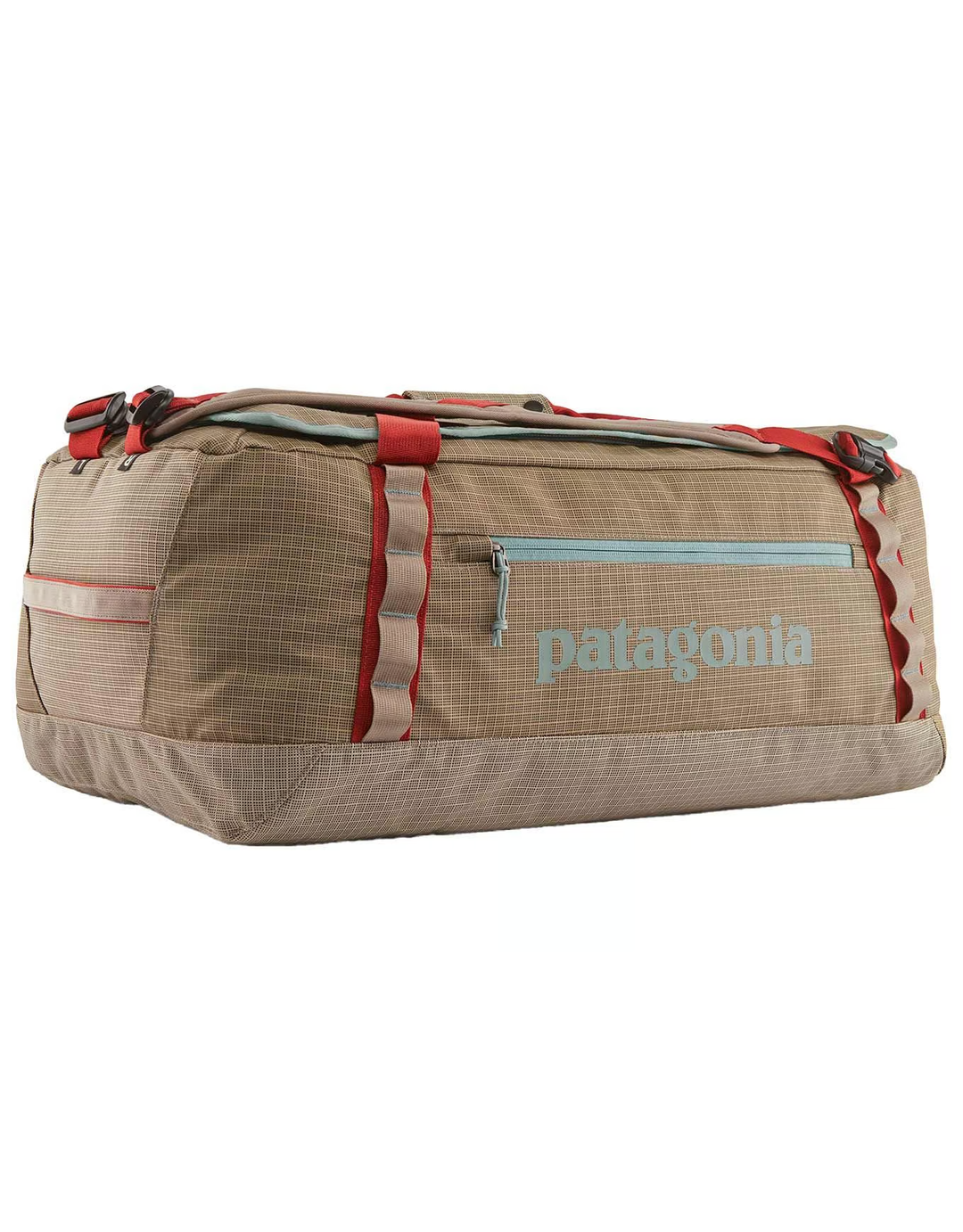 Black Hole Duffel 55L in beige and red with reinforced handles and external zip pocket.