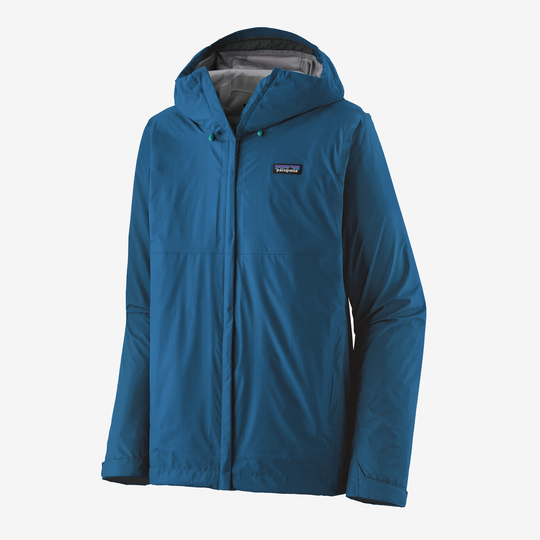Torrentshell 3L Rain Jkt in blue with hood, waterproof and breathable fabric.