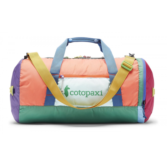 Borsone Ligera 32L multicolore con tracolla gialla removibile, realizzato in materiali riciclati.