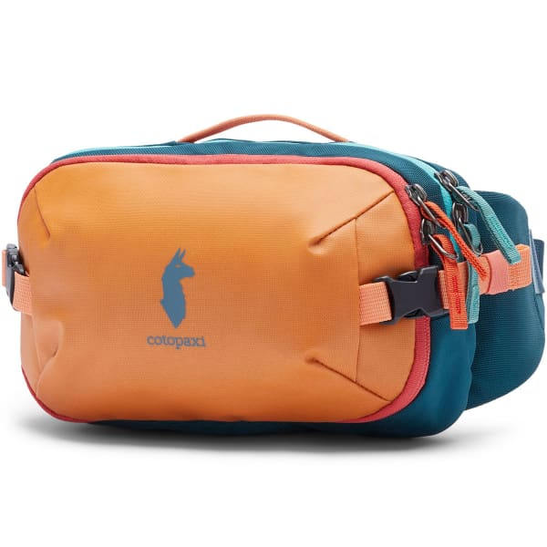 Allpa X 3L Hip Pack by Cotopaxi in vibrant colors with compression straps and llama logo.
