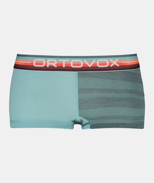 Women's wool hot pants in light blue and gray with a trendy waistband, made from fine Merino wool for winter adventures.