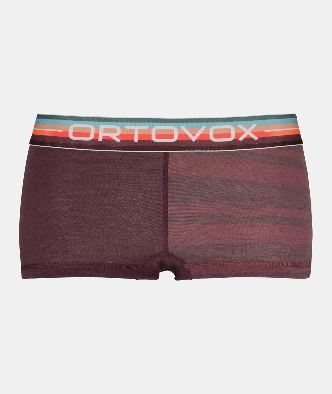 Women's wool hot pants with vibrant waistband, made of fine merino wool for winter adventures.