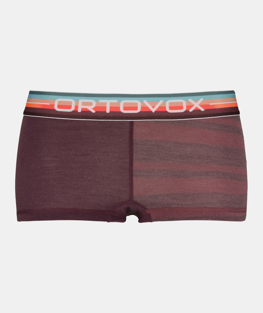 Women's wool hot pants with vibrant waistband, made of fine merino wool for winter adventures.