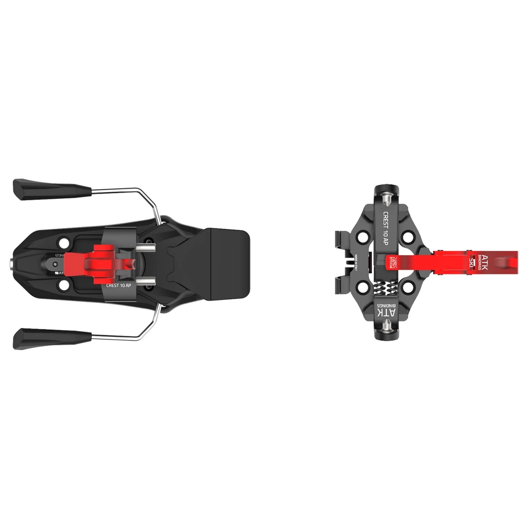 Crest 10 AP ski bindings in black and red with top and side view.