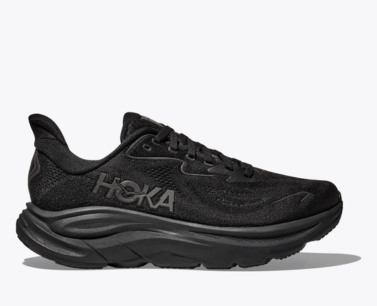 Black W Clifton 10 sneaker with jacquard fabric and reflective details designed for road running and walking.