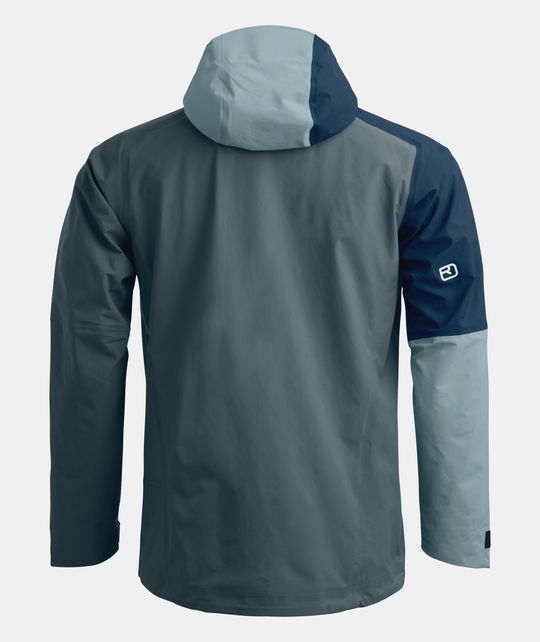 SECEDA 3L Jacket M in blue and gray shades, featuring a hood and ergonomic design for mountain performance.