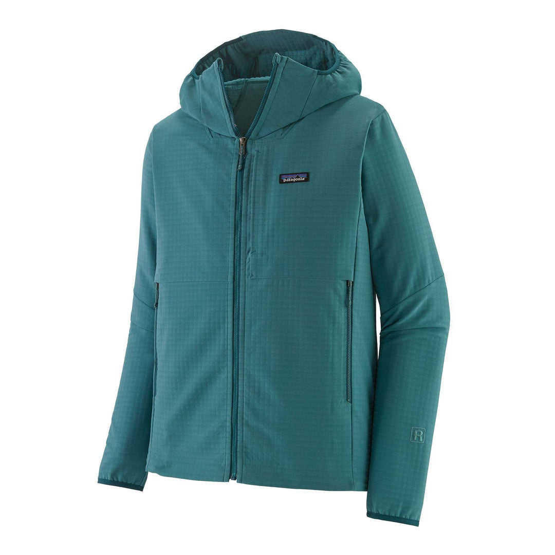 M's R1 Techface Hoody, teal color, abrasion-resistant, breathable mid-layer with adjustable hood, designed for mountain weather.