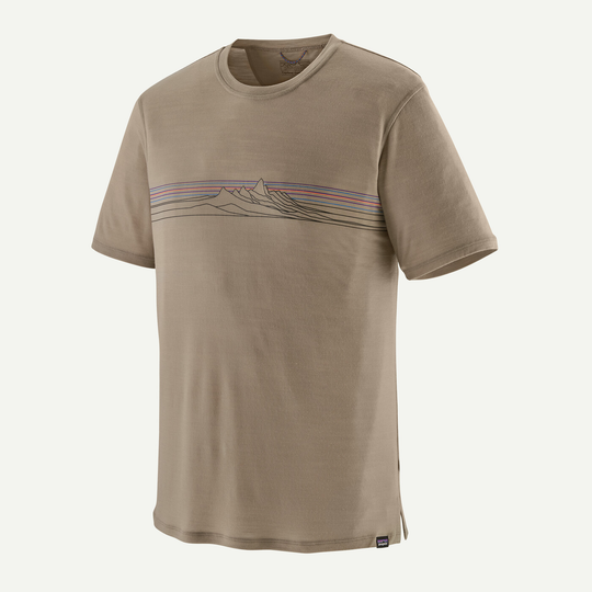 M's Cap Cool Merino Blend Graphic Shirt in brown with mountain graphic, breathable and odor-resistant, made with RWS certified wool and recycled polyester, Fair Trade Certified™.