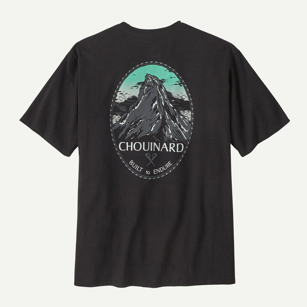 Chouinard Crest Pocket Responsibili-Tee, recycled materials, graphic design, Fair Trade Certified, comfortable fit.