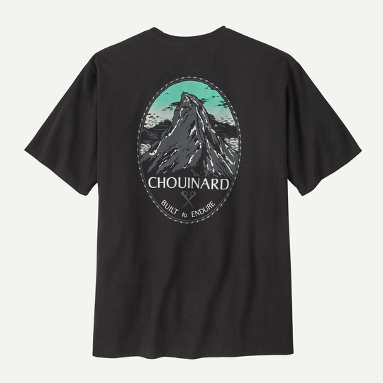 Chouinard Crest Pocket Responsibili-Tee, recycled materials, graphic design, Fair Trade Certified, comfortable fit.
