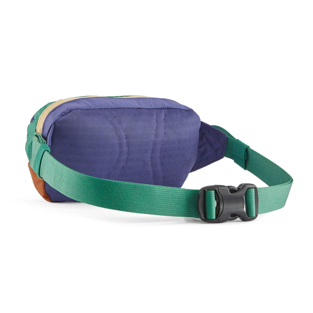 Terravia Mini Hip Pack in recycled nylon, green strap, compact design for versatile use.