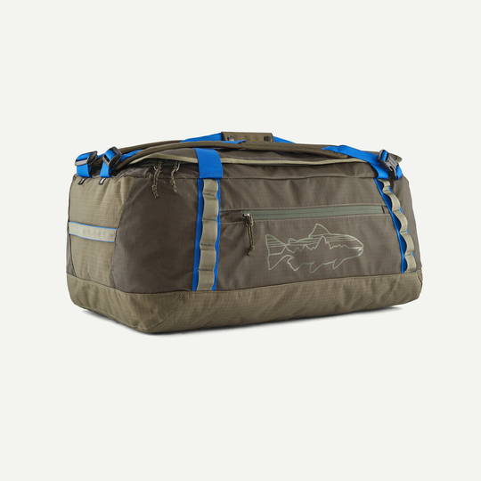 Black Hole Duffel 55L, robust 55-liter duffel bag with recycled, water-resistant fabric, ergonomic removable straps, and spacious compartments.