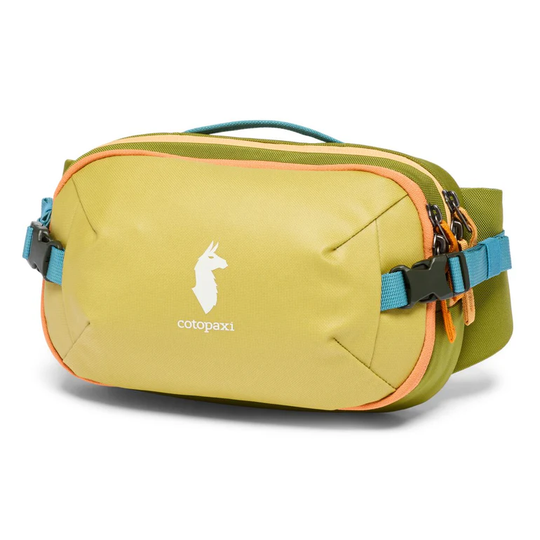 Allpa X 3L Hip Pack by Cotopaxi, yellow recycled nylon with lama logo, compression straps, and easy-access zip.