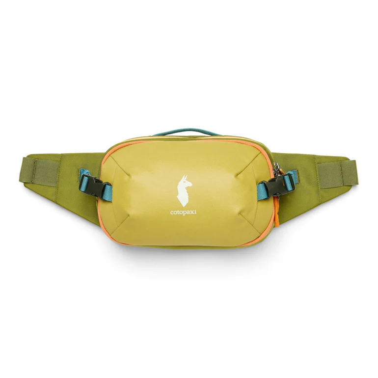 Allpa X 3L Hip Pack by Cotopaxi in green with lama logo, featuring spacious main compartment, compression straps, made from recycled nylon.