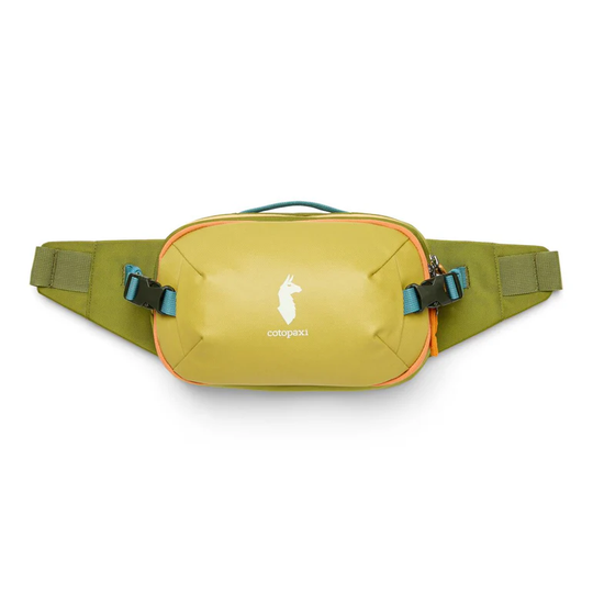 Allpa X 3L Hip Pack by Cotopaxi in green with lama logo, featuring spacious main compartment, compression straps, made from recycled nylon.