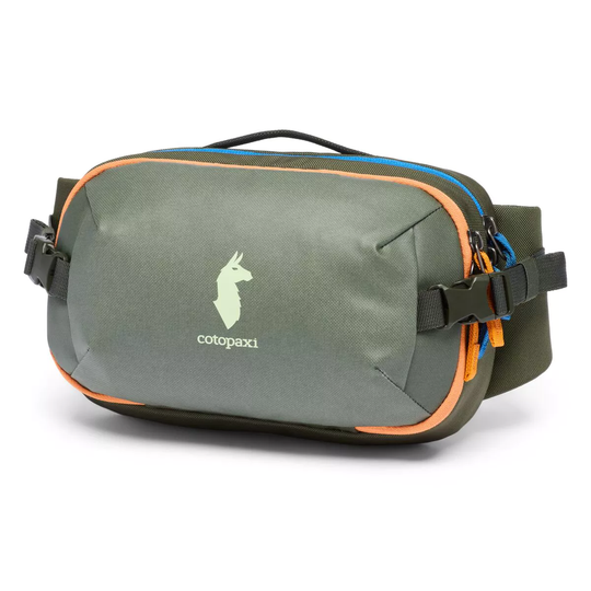 Allpa X 3L Hip Pack by Cotopaxi in green with compression straps and llama logo.