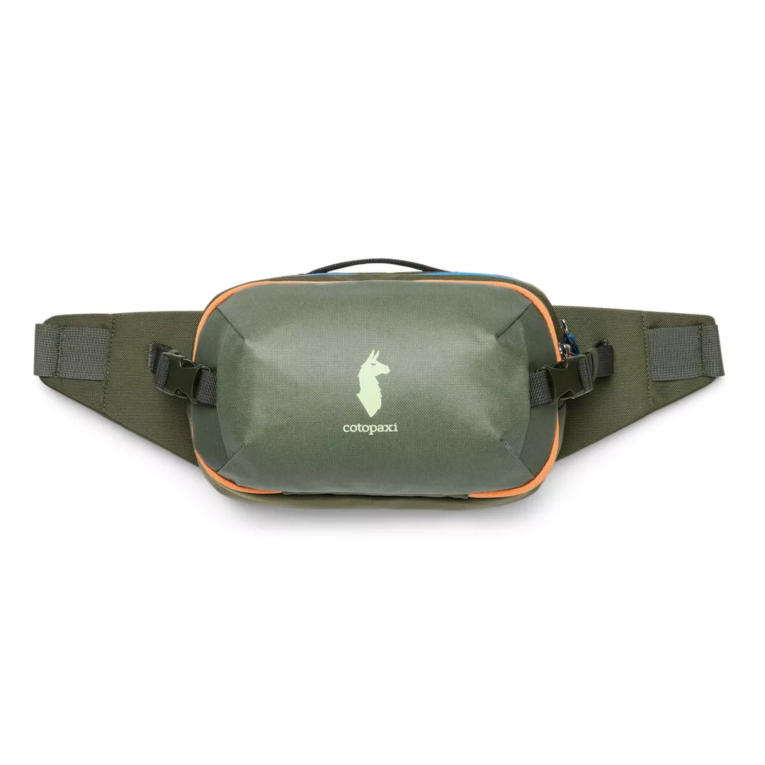 Allpa X 3L Hip Pack by Cotopaxi in green with logo, featuring compression straps and large zippered main compartment.