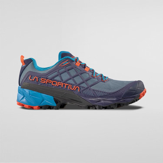 Scarpa da trail running Akyra II grigio e arancione, suola con Impact Brake System™ e Trail Rocker™.