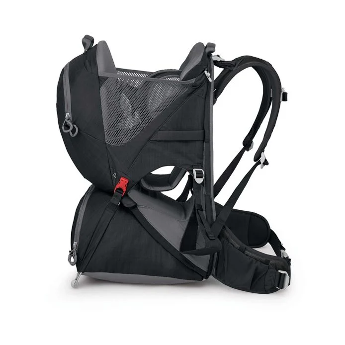 Poco LT child carrier backpack, featuring foldable frame and integrated sunshade, side view.