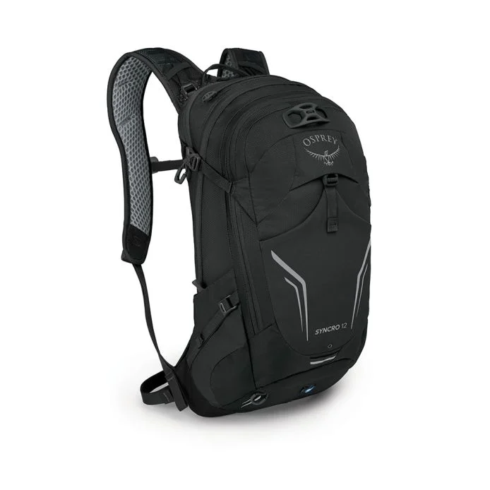 Syncro 12 backpack with advanced ventilation, BioStretch harness, LidLock helmet attachment, and AirSpeed lumbar support.