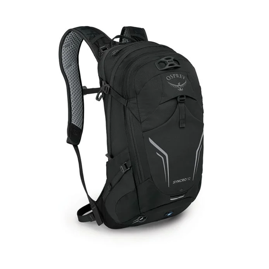 Syncro 12 backpack with advanced ventilation, BioStretch harness, LidLock helmet attachment, and AirSpeed lumbar support.