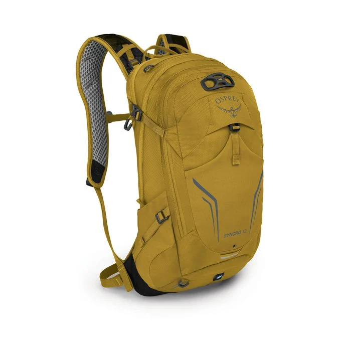 Syncro 12 backpack, yellow, with ventilated harness, spacious compartments, and hydration chamber.