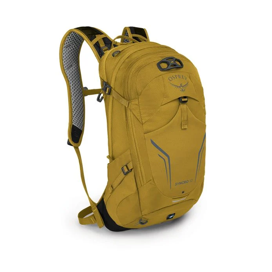 Syncro 12 backpack, yellow, with ventilated harness, spacious compartments, and hydration chamber.