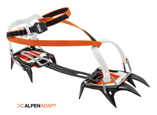 Irvis Flexlock crampons with adjustable orange straps.