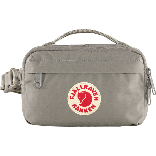 Kånken Hip Pack in gray with adjustable belt and multiple zip pockets.
