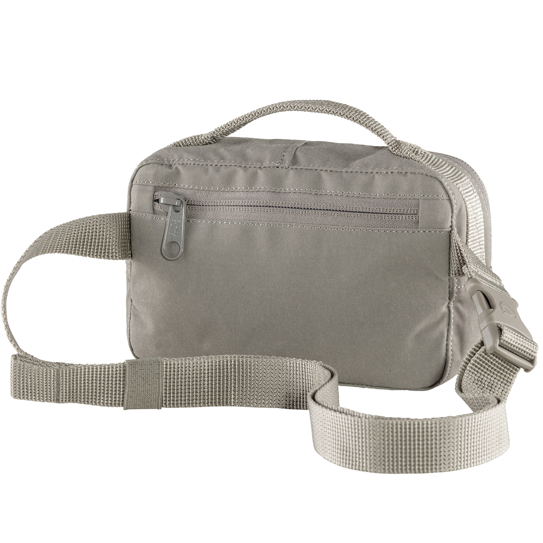 Kånken Hip Pack in gray with adjustable strap and front zipper pocket.