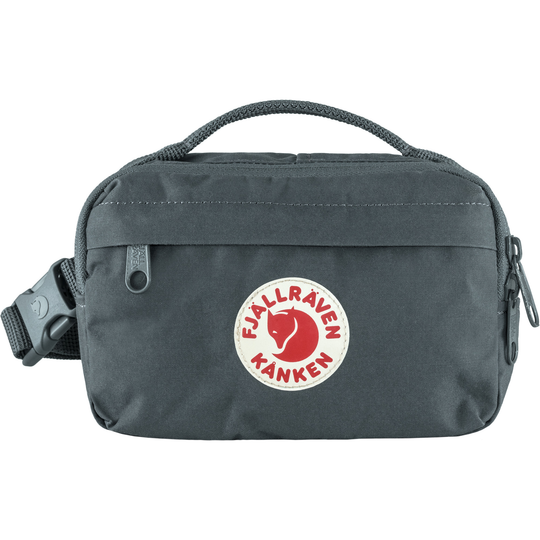 Kånken Hip Pack in durable, water-resistant Vinylon F fabric, with adjustable belt and three zippered pockets.
