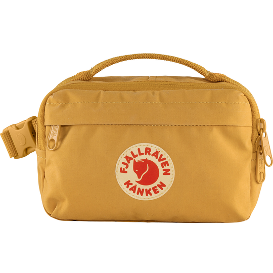 Kånken Hip Pack in yellow with adjustable belt and multiple zippered pockets.