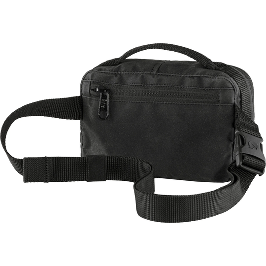 Kånken Hip Pack in black with adjustable strap and zippered pockets, made from durable and waterproof Vinylon F fabric.