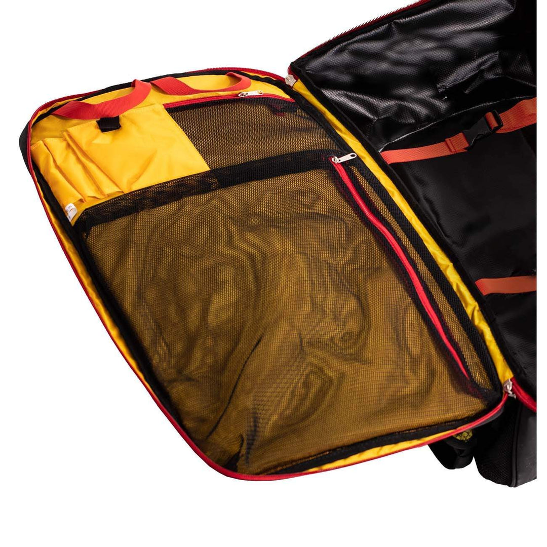 Travel bag with nylon and PVC material, multiple internal compartments, 45L, open with zipper closure.