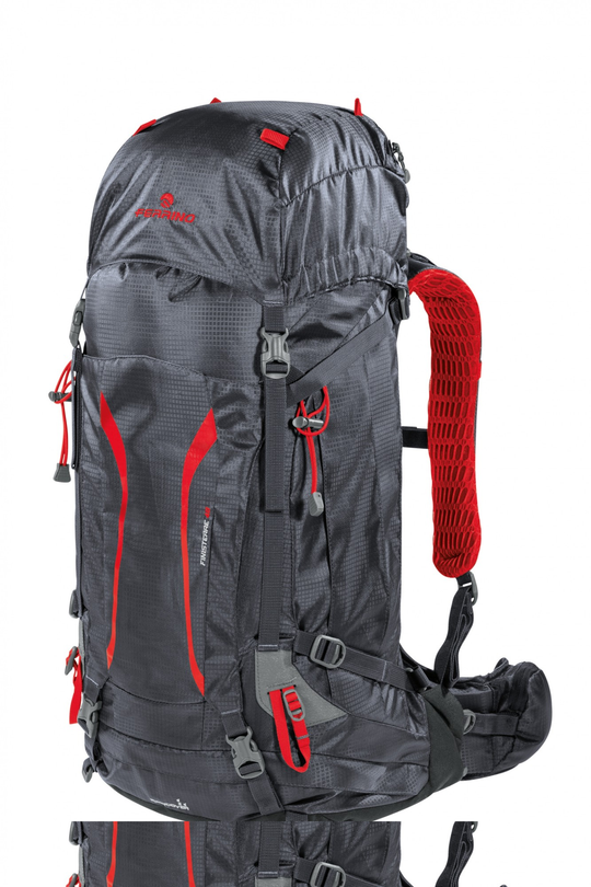 Zaino Finisterre 48, large capacity hiking backpack, black and red design, ideal for trekking.