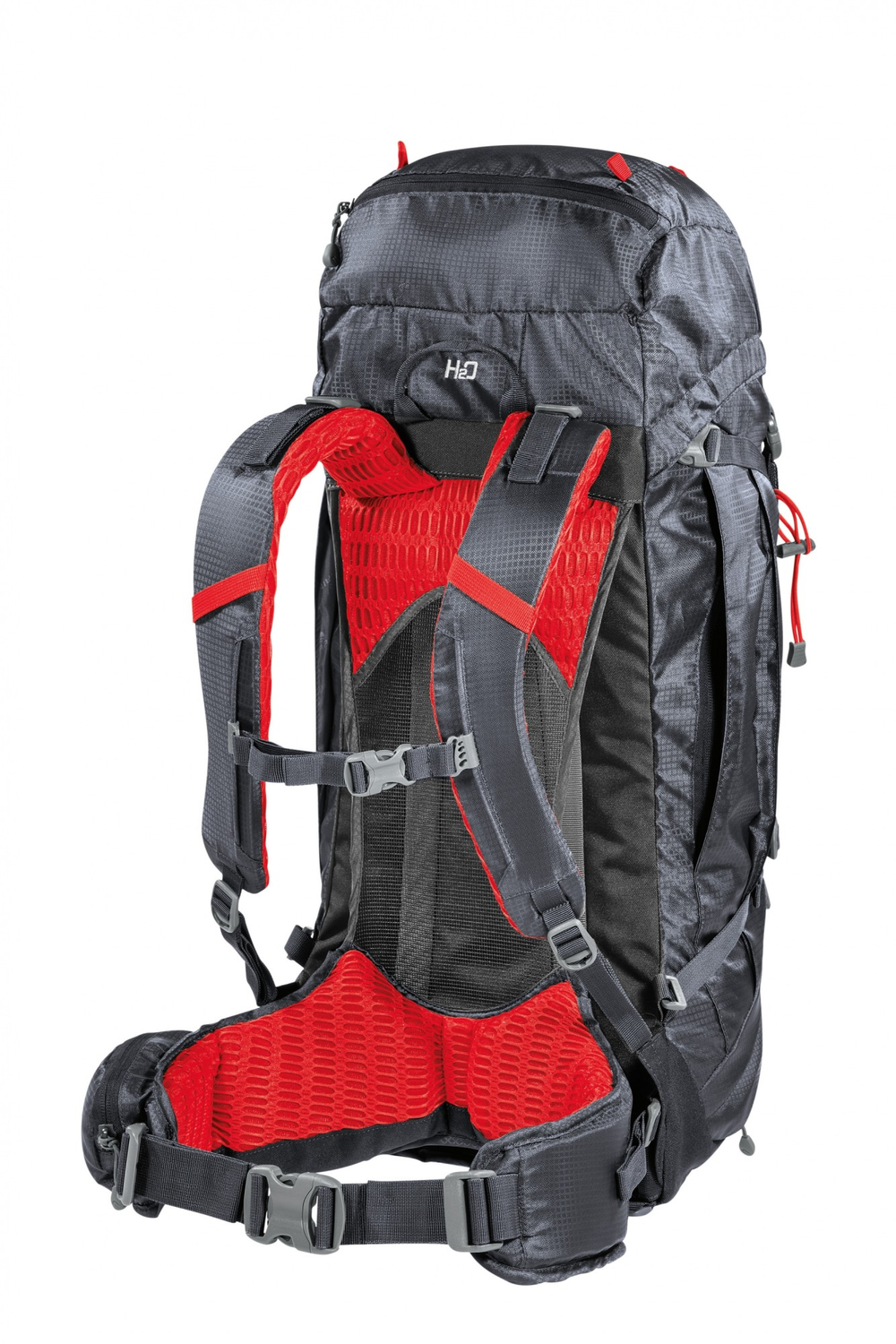 Zaino Finisterre 48, large-capacity hiking backpack with advanced features, black and red design.