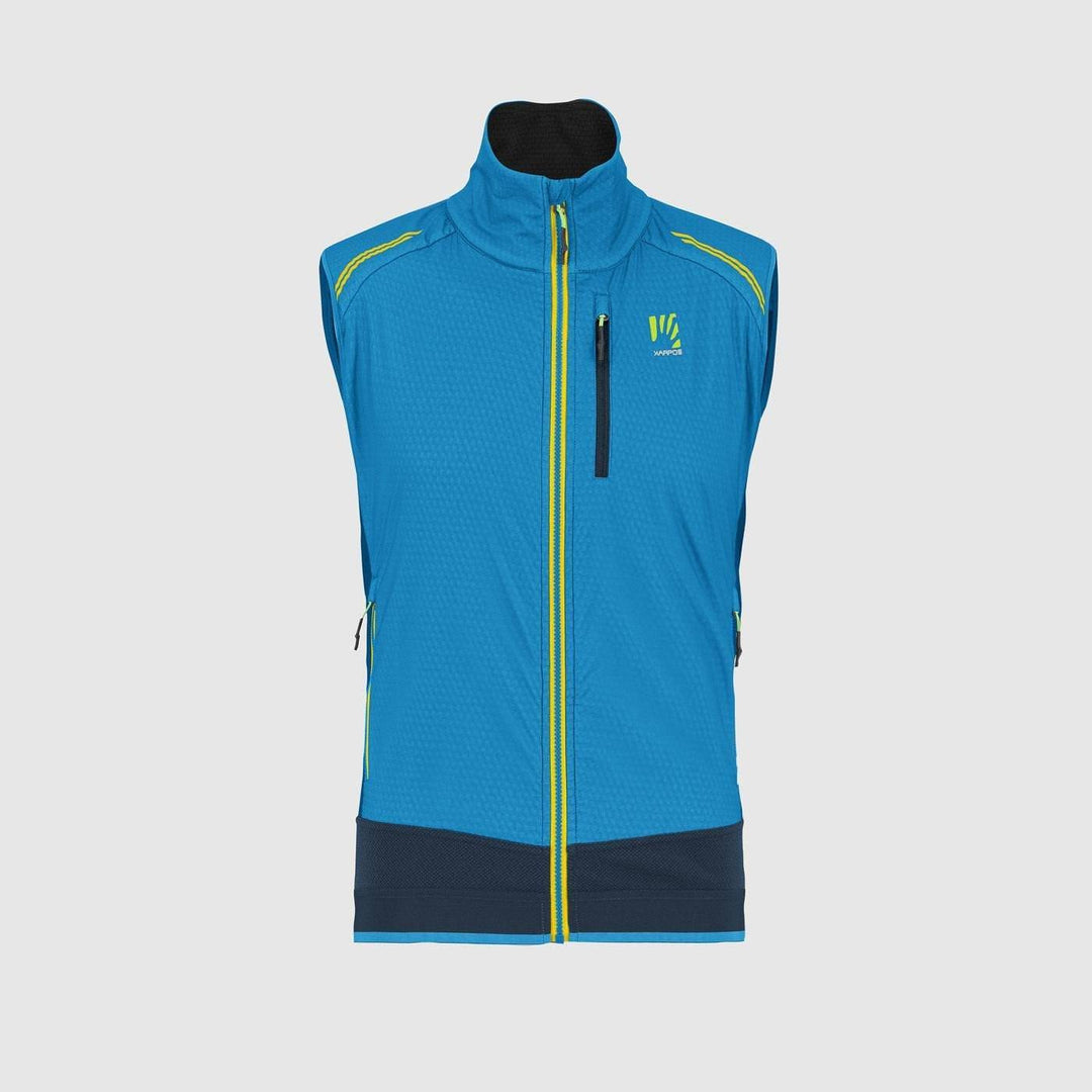 Lightweight Alagna Plus Evo Vest in blue, front and chest zip pockets, designed for breathability and thermal protection.
