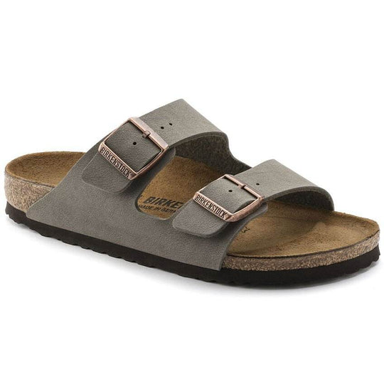 Birkenstock Arizona Birko Flor Nabuck sandal with adjustable straps and cork-latex footbed.