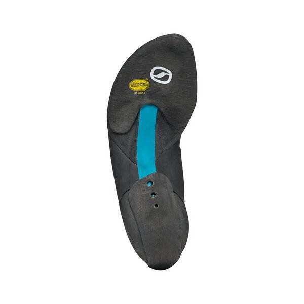Chimera climbing shoe featuring asymmetrical and curved design, Vibram sole for grip.