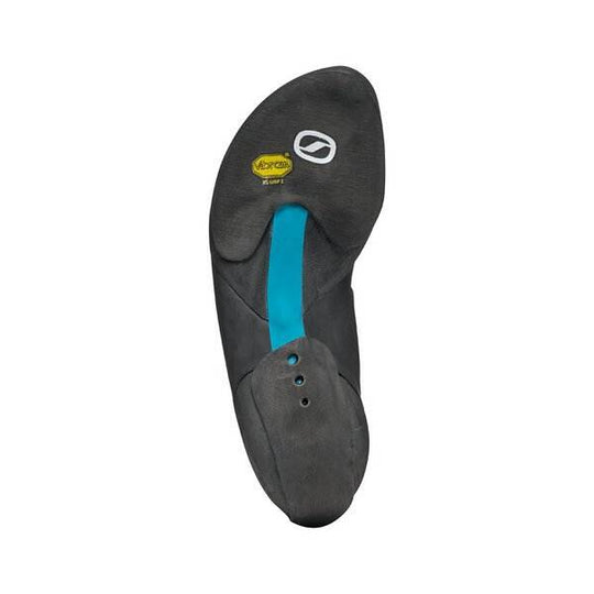 Chimera climbing shoe featuring asymmetrical and curved design, Vibram sole for grip.