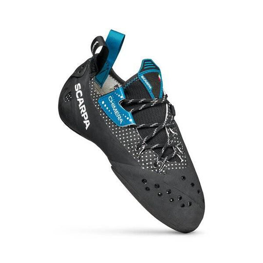 Rock climbing shoe 'Chimera' with asymmetrical design, TPS insert for support, and Vibram XS Grip 2 sole.